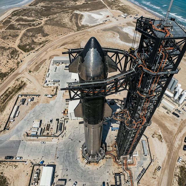 Starship launch vehicle viewed from above on the launch pad